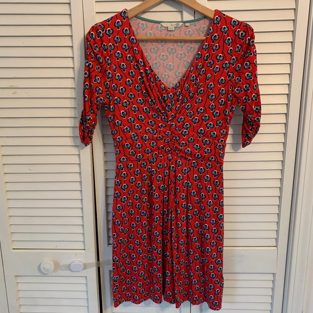 Boden Red Floral V Neck‎ Ruched Sleeve 3/4 Sleeve Dress Womens US 6 Office Party